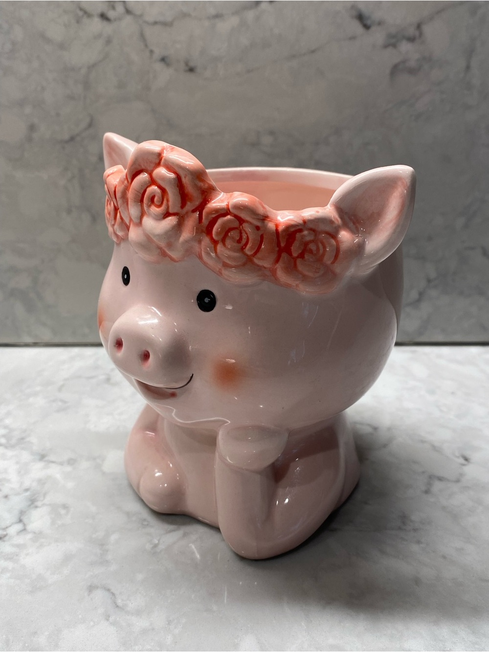 Ceramic Pig Planter with Rose Crown